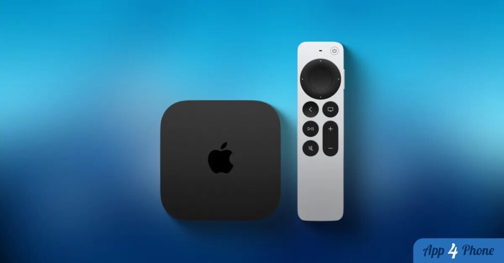 Apple TV 4K avec télécommande Siri Remote sur fond bleu