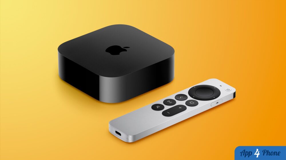 Boîtier Apple TV noir accompagné de sa télécommande argentée