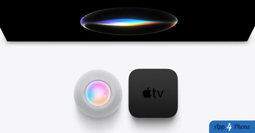Un HomePod mini et une Apple TV 4K accompagnés d’un visuel coloré