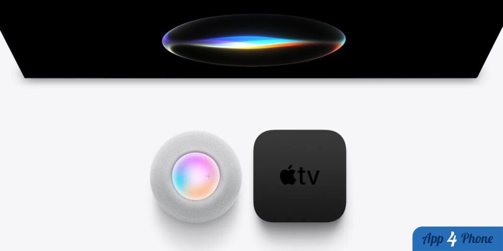 Un HomePod mini et une Apple TV 4K accompagnés d’un visuel coloré