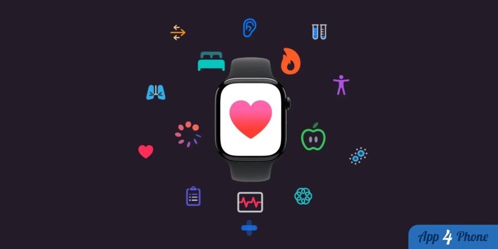 Apple Watch entourée d’icônes colorées liées à la santé