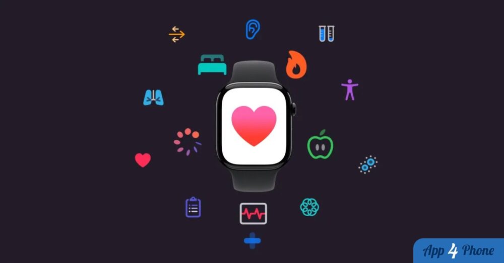 Apple Watch entourée d’icônes de fonctionnalités de santé