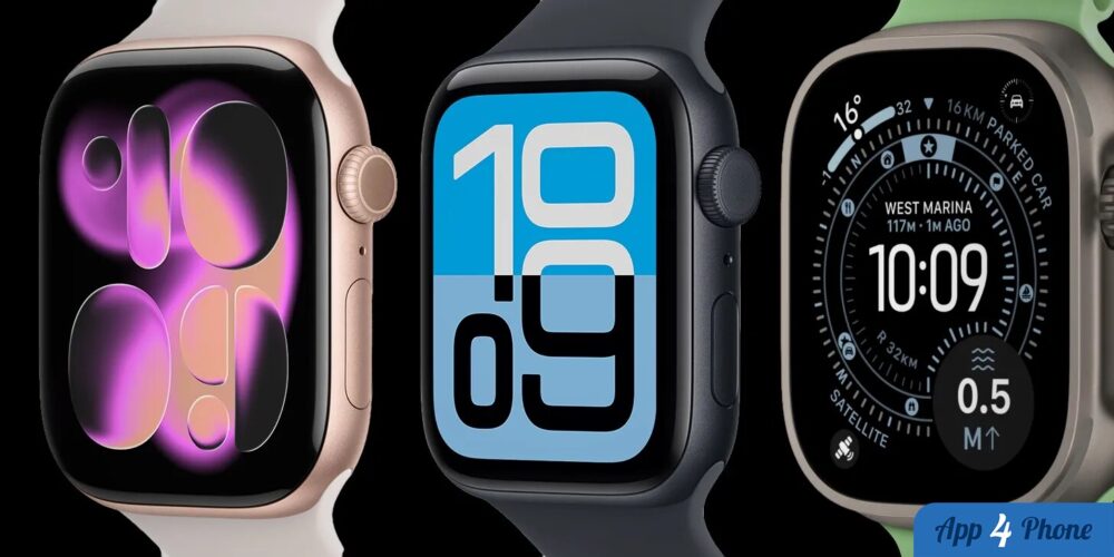 Trois modèles d’Apple Watch affichant différents cadrans sur fond noir