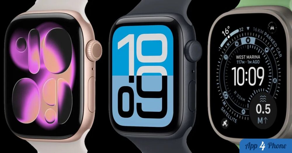 Trois modèles d’Apple Watch affichant différents cadrans sur fond noir