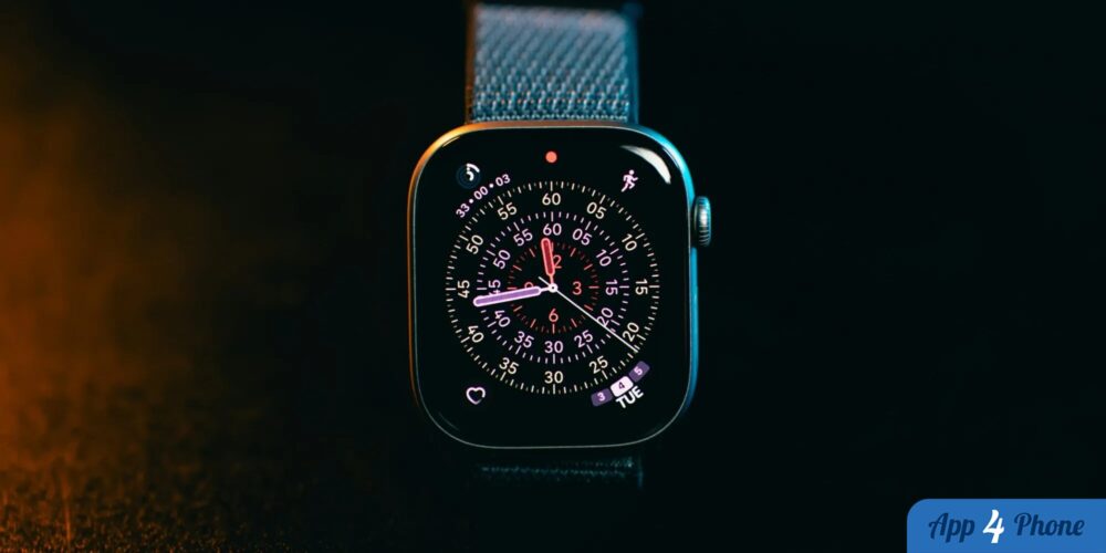 Apple Watch avec bracelet métallique et cadran analogique lumineux
