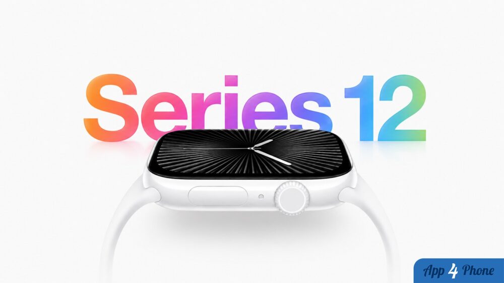 Rendu d’une Apple Watch Series 12 blanche, cadran noir affiché