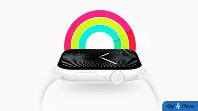 Rendu frontal d’une Apple Watch blanche avec anneaux colorés