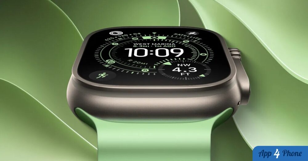 Rendu d’une Apple Watch Ultra avec boîtier métallique et bracelet vert