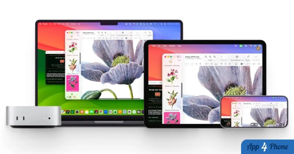Mac, tablette et smartphone affichent un bureau partagé à distance