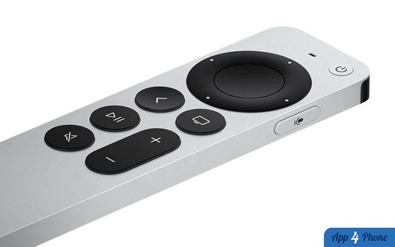 Télécommande Siri Remote argentée avec pavé tactile et boutons noirs