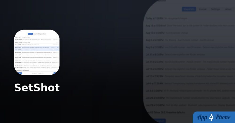 Interface de SetShot listant les instantanés et changements de réglages macOS.