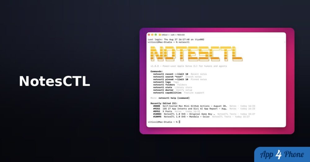 Terminal affichant NotesCTL, une interface en ligne de commande pour Apple Notes