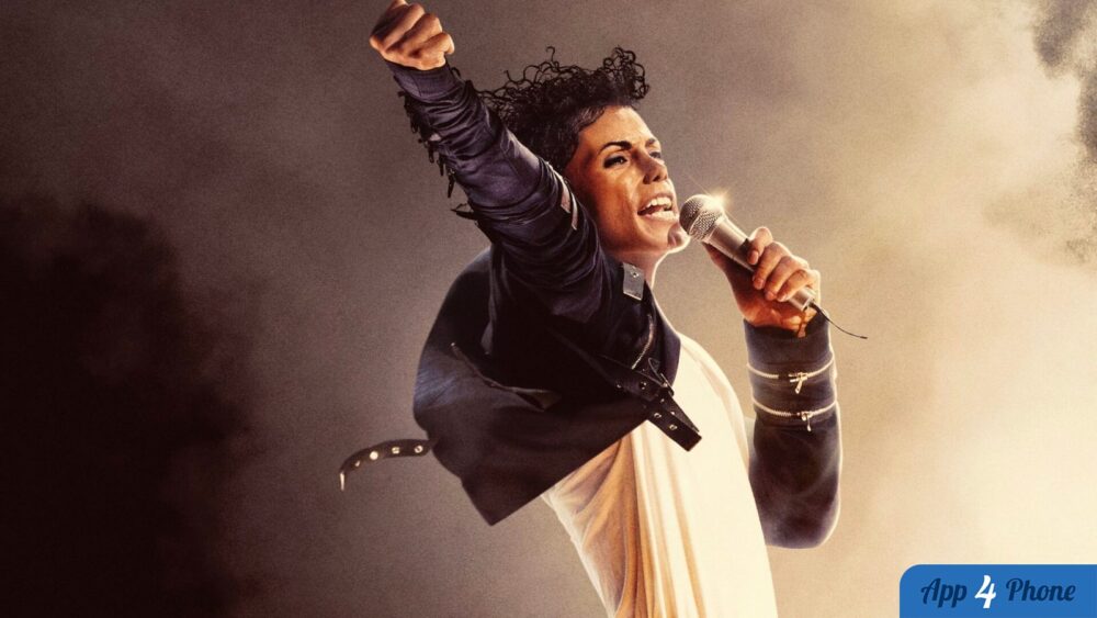 Michael Jackson interprété sur scène, micro à la main