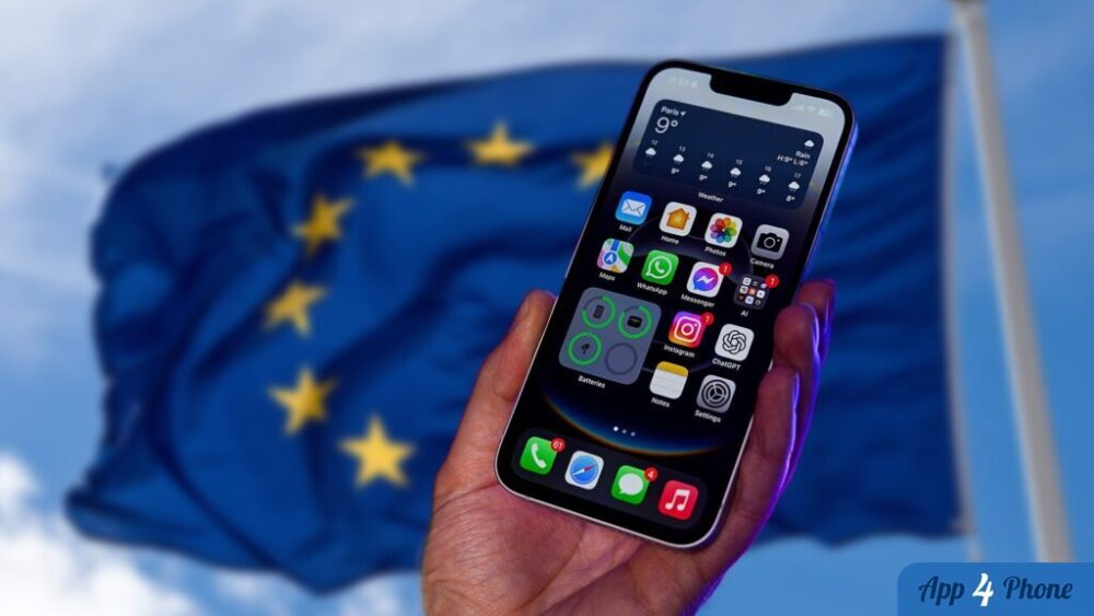 iPhone affichant des applications devant un drapeau de l’Union européenne