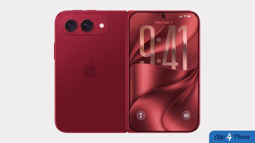 Rendu d’un iPhone pliable rouge affiché ouvert, vu de face et de dos