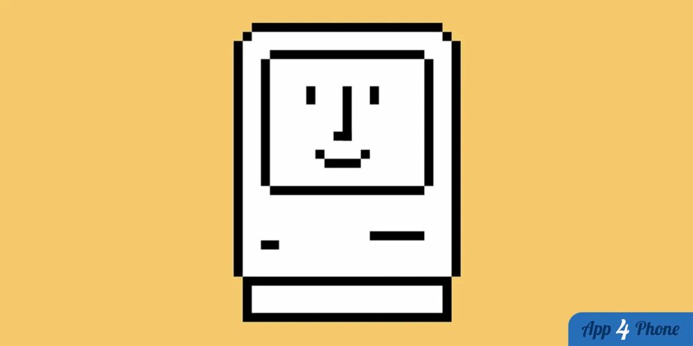 Dessin pixelisé du Macintosh original avec écran souriant sur fond jaune