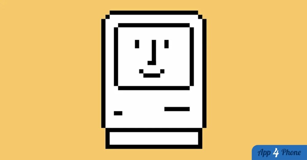 Illustration pixelisée d’un ordinateur Macintosh original sur fond jaune