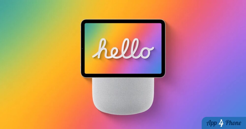 Illustration conceptuelle du HomePad, écran au-dessus d’une enceinte blanche