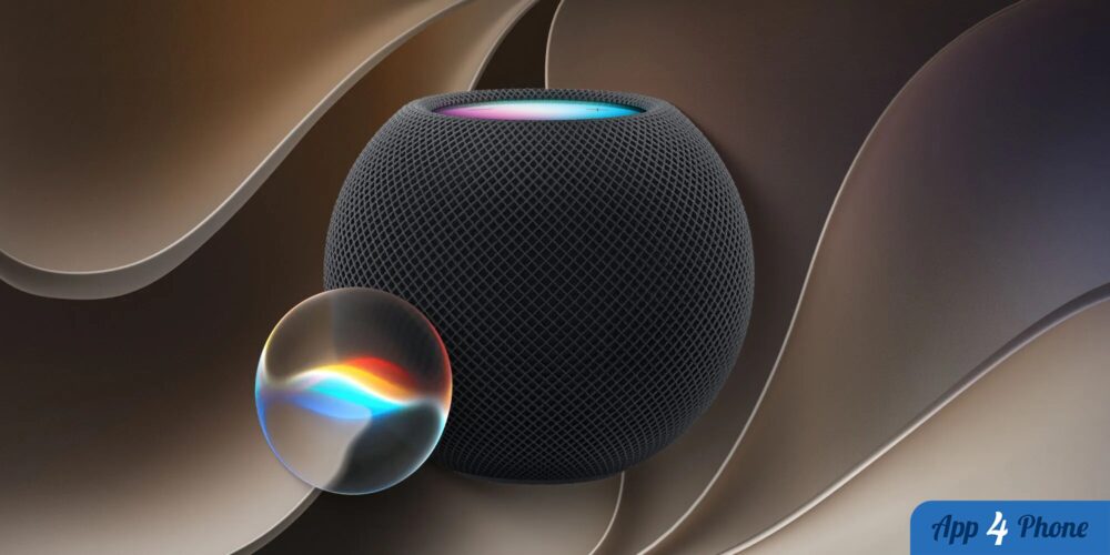 Rendu conceptuel d’un HomePod noir accompagné d’une sphère colorée