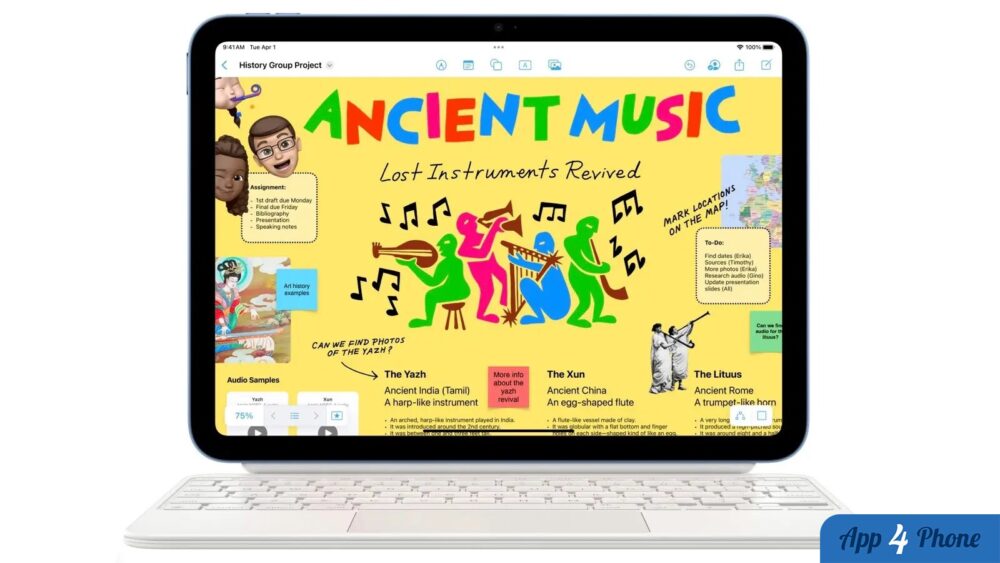 iPad affichant un projet scolaire, posé sur un clavier blanc