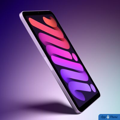 Rendu incliné d’une tablette compacte affichant un fond d’écran abstrait coloré.