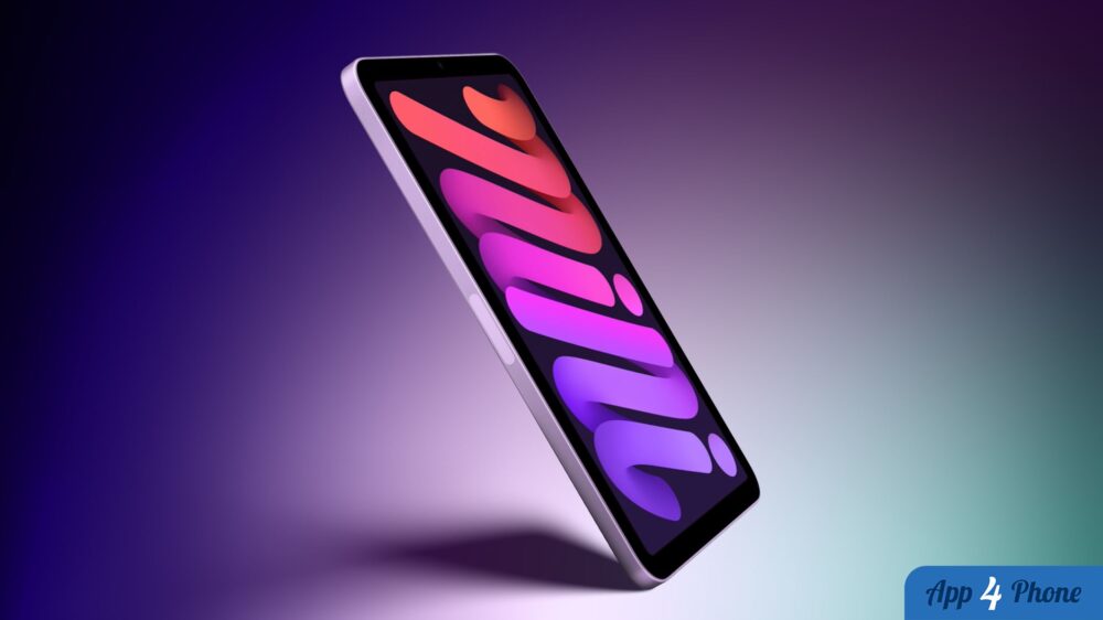 Rendu d'une tablette compacte violette affichant un fond d'écran coloré