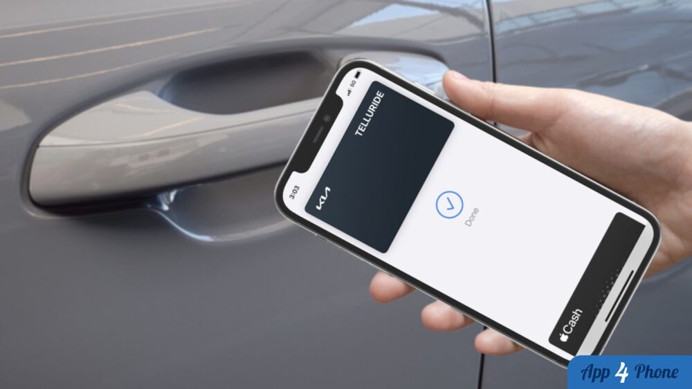 iPhone affichant une clé numérique près de la poignée d’une voiture