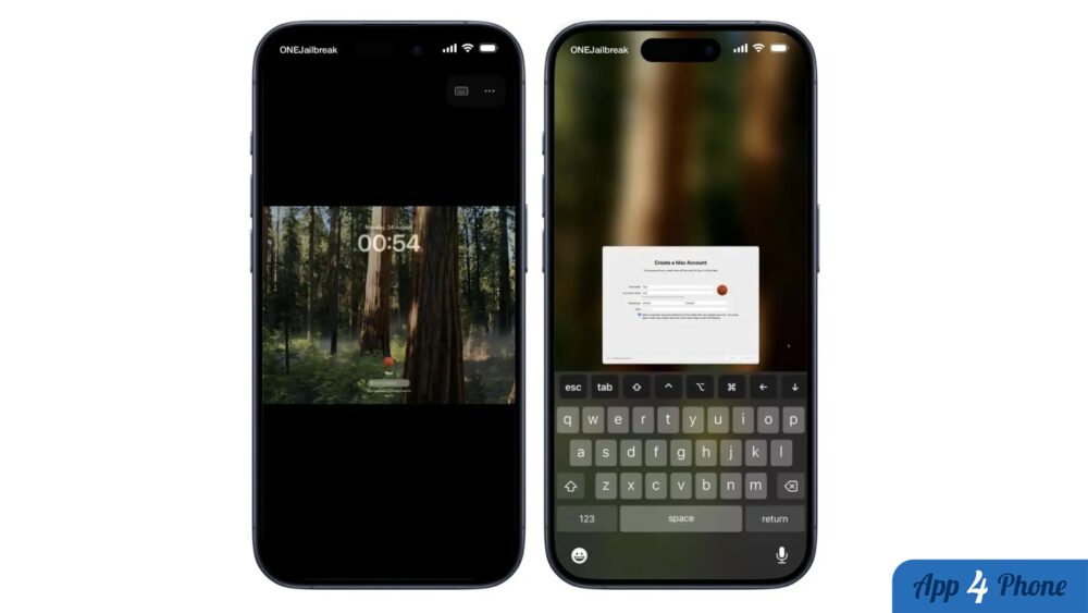 Deux iPhone affichent macOS, dont un écran de création de compte