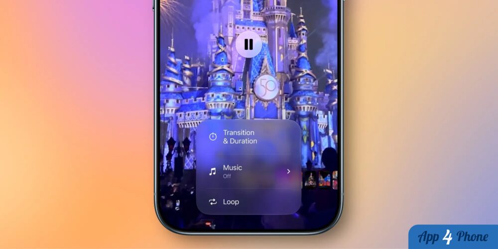 Écran d’iPhone montrant les réglages d’un diaporama dans Photos