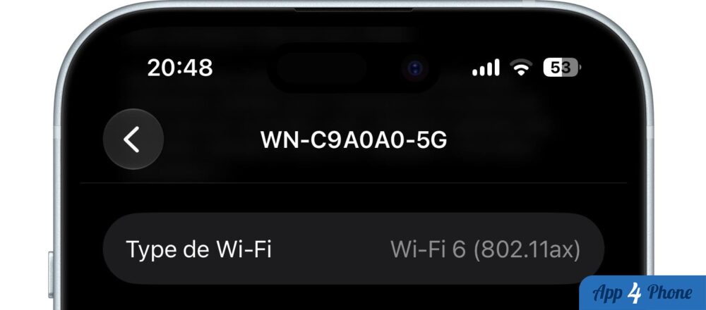 Écran iPhone indiquant la norme Wi-Fi 6 utilisée