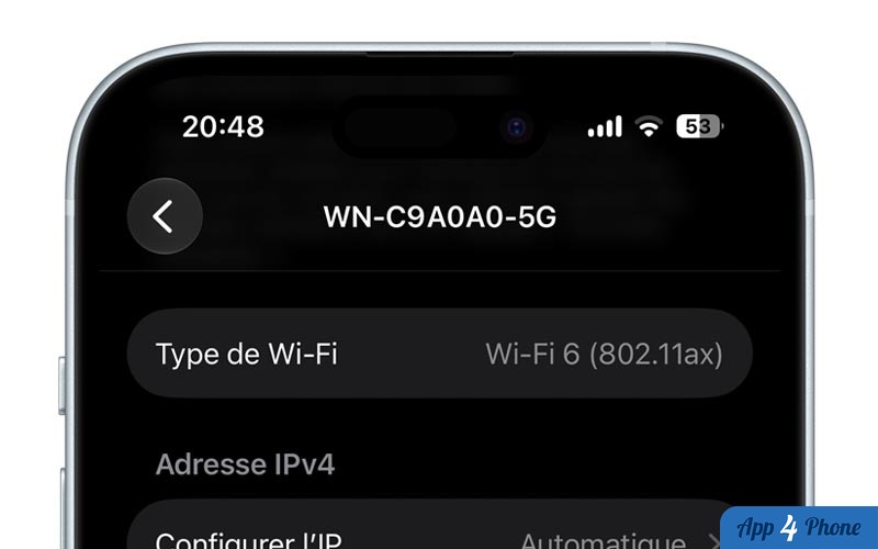Réglages Wi-Fi d’un iPhone affichant le type Wi-Fi 6