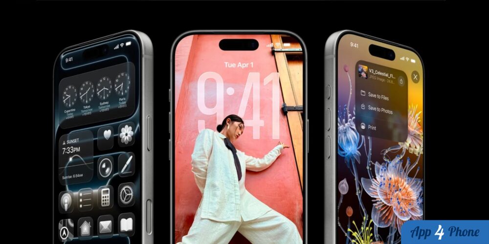 Rendu de trois iPhone montrant leurs écrans et leurs bordures