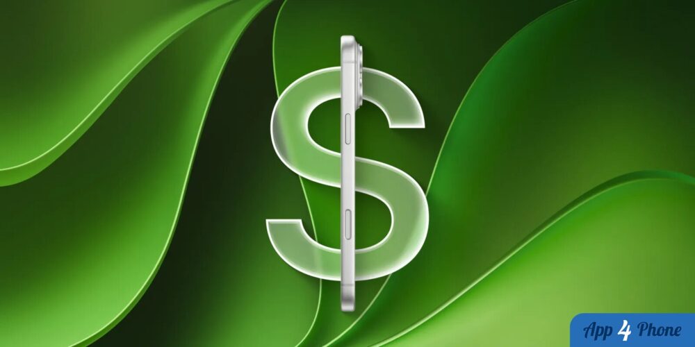 Rendu d’un iPhone de profil associé à un symbole dollar