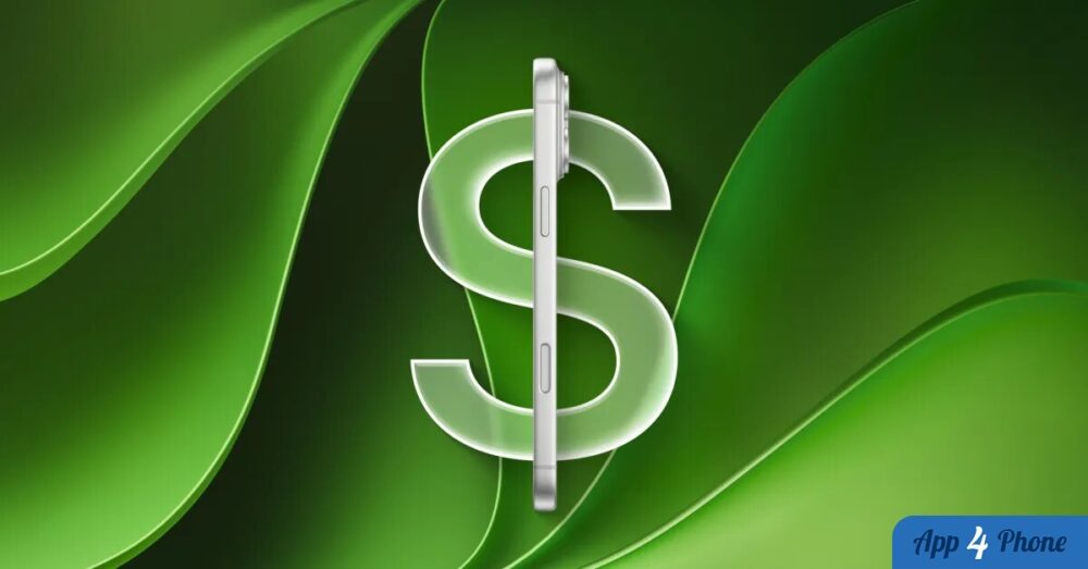 Rendu d’un iPhone vu de profil devant un symbole dollar vert