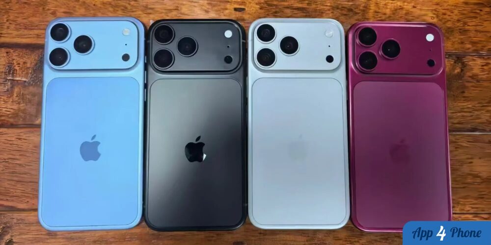 Quatre iPhone Pro vus de dos, dont un modèle bordeaux