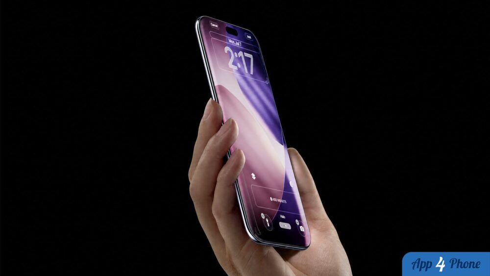 Rendu d’un iPhone à écran incurvé tenu dans une main