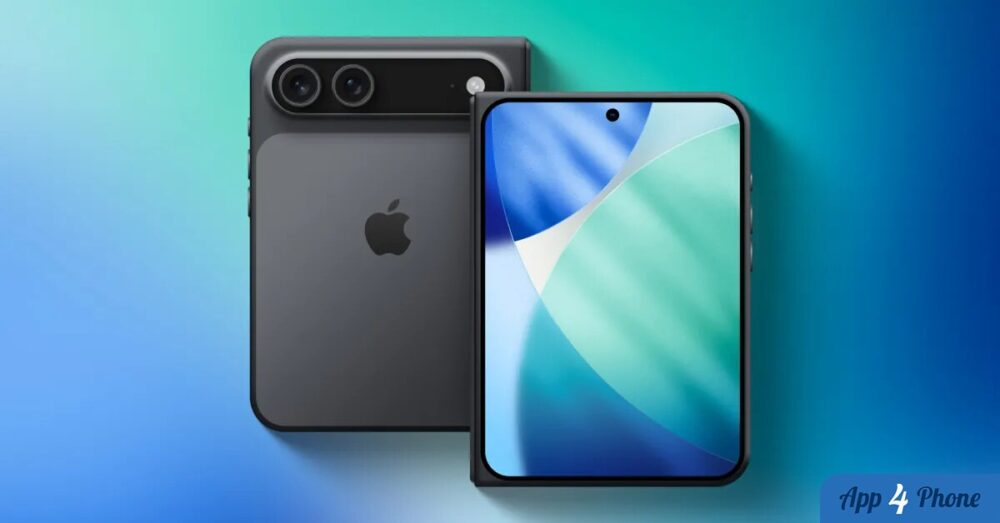 Rendu d’un iPhone pliable présenté ouvert et fermé