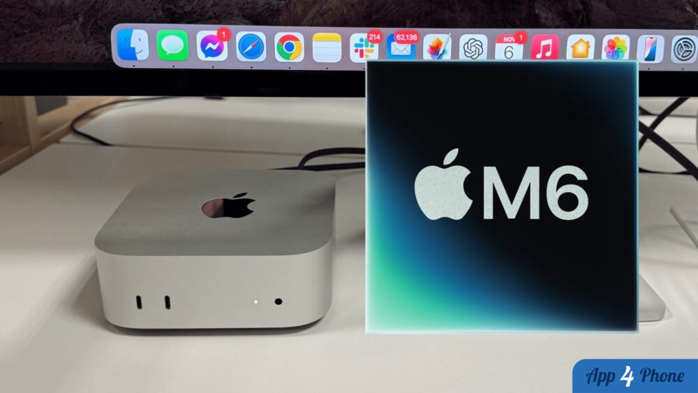 Mac mini Apple affichant une illustration de puce M6