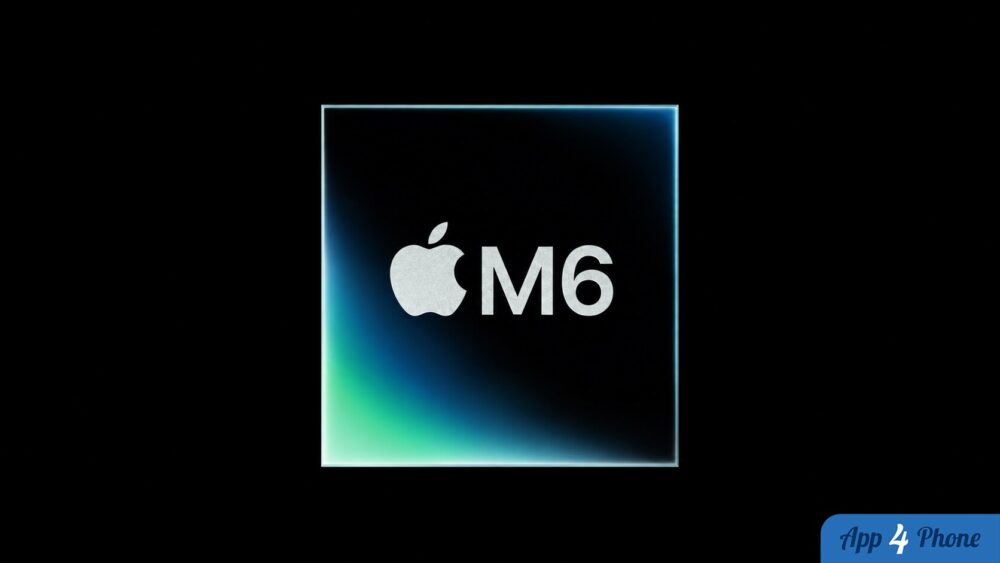 Rendu du processeur Apple M6 sur fond noir lumineux