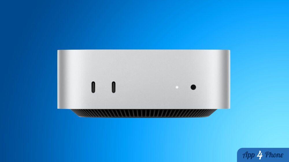 Mac mini argenté vu de face, avec ports USB-C visibles