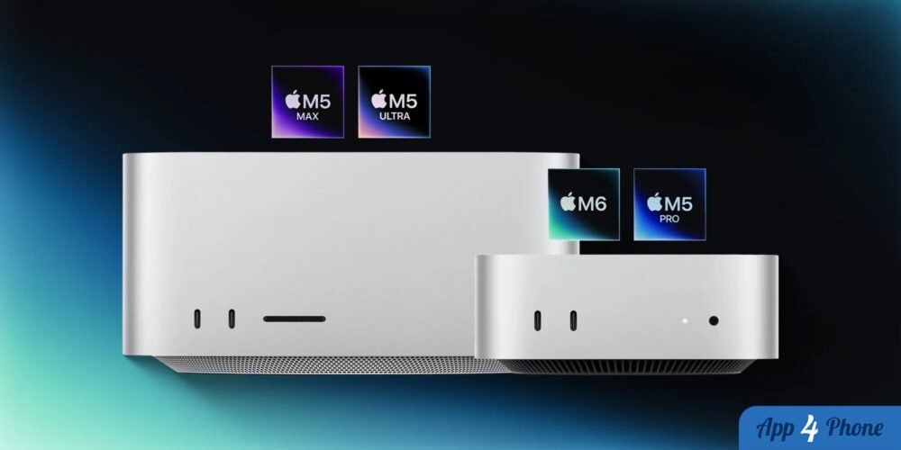 Rendu de deux ordinateurs Apple avec puces M5 et M6