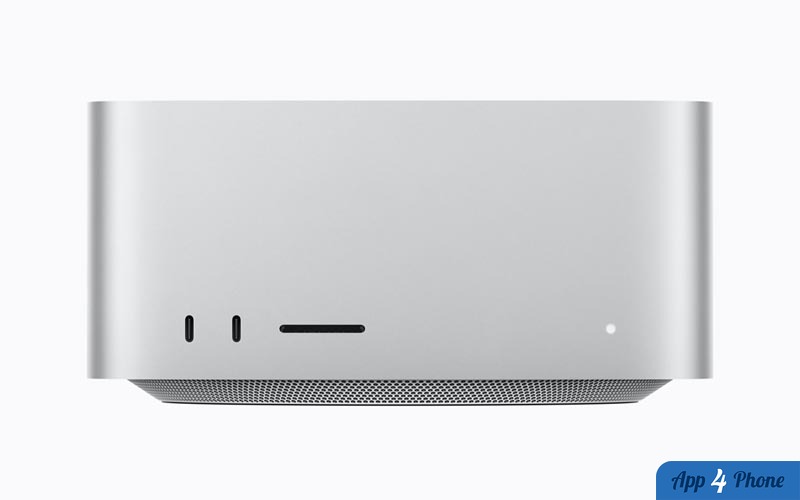 Mac Studio argent vu de face avec grille de ventilation