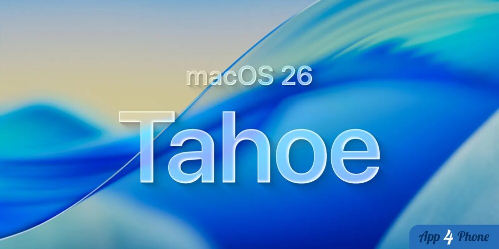 Illustration de macOS Tahoe 26 sur fond bleu abstrait