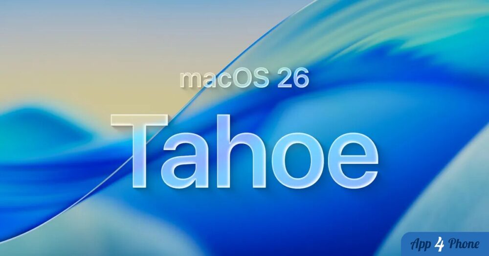Illustration de macOS Tahoe 26 sur fond bleu abstrait