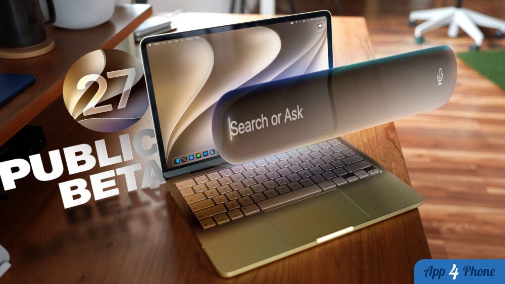 MacBook affichant Siri avec la mention macOS 27 public beta