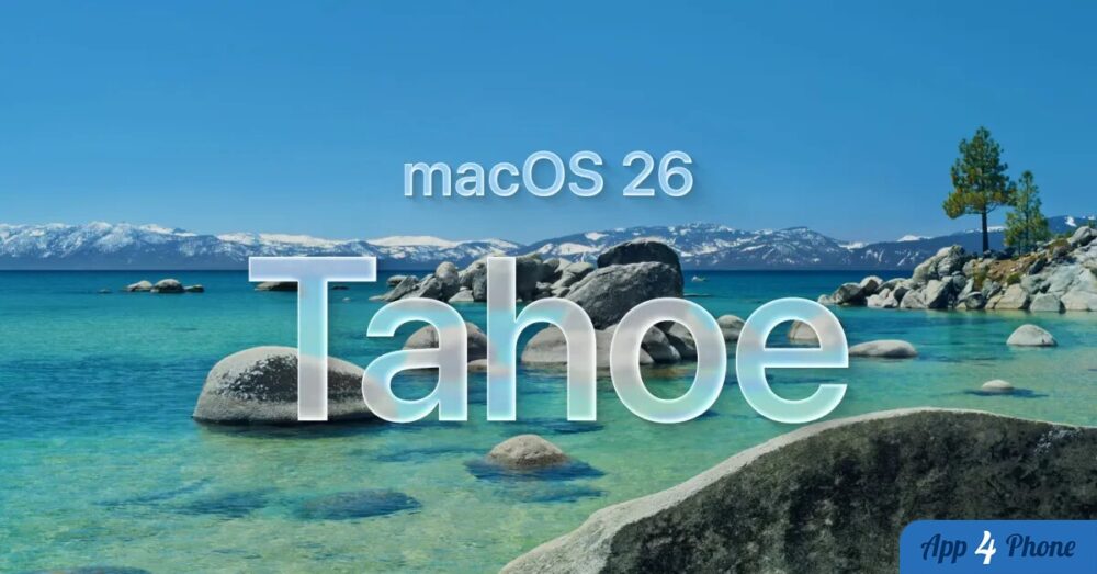 Illustration de macOS Tahoe 26 sur fond de lac montagneux