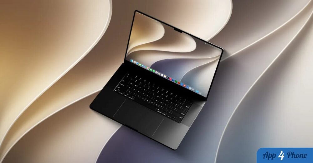MacBook ouvert affichant le bureau macOS sur un fond abstrait