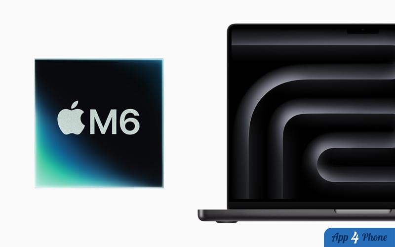 Puce Apple M6 affichée à côté d’un MacBook Pro