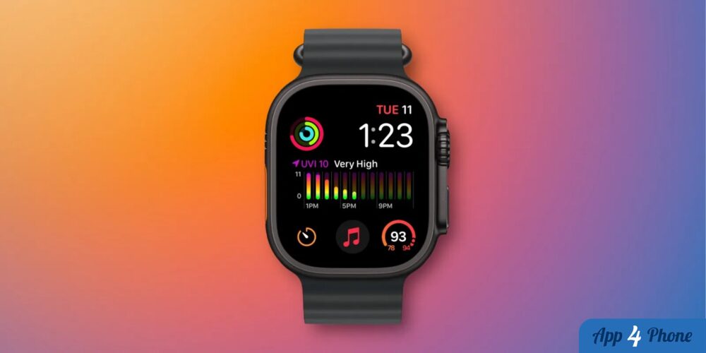 Apple Watch présentant le cadran Modular avec plusieurs complications colorées