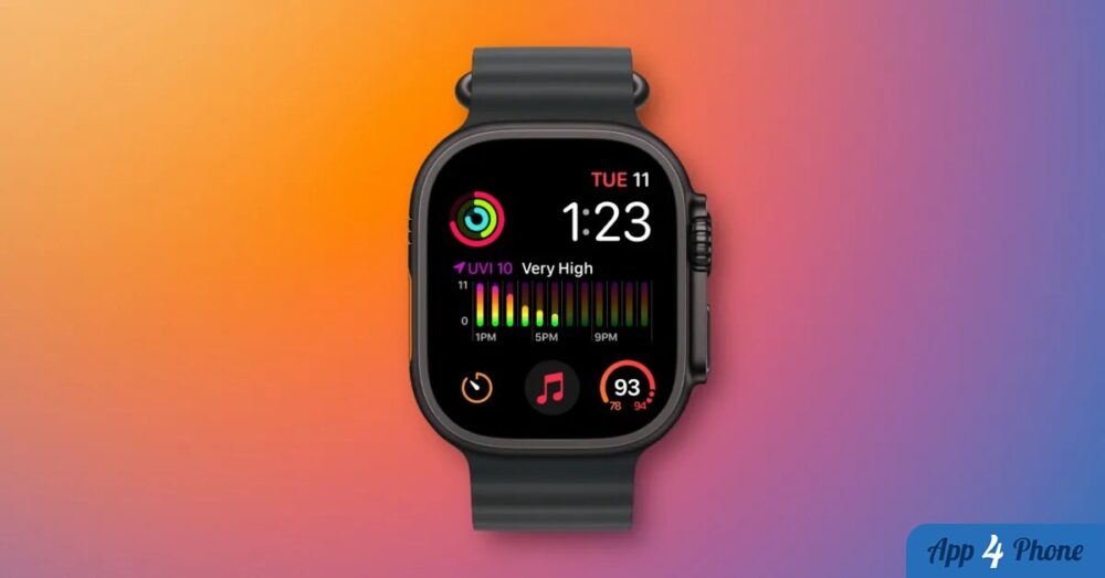 Apple Watch affichant un cadran Modular multicolore sur fond dégradé